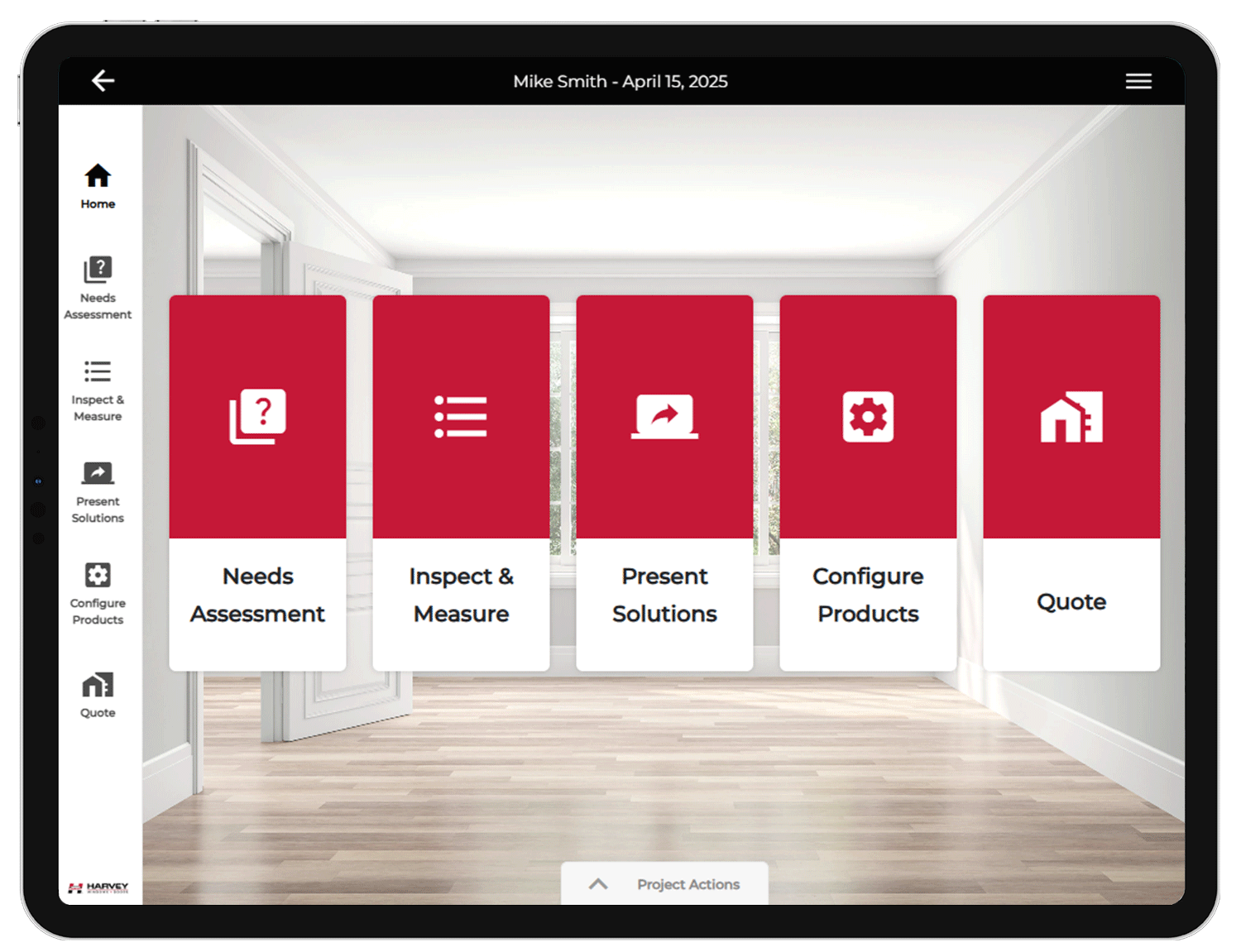 Harvey-Windows-Vendo-Tablet-GIF Harvey Windows and Doors Paradigm Vendo interface on tablet. Gif with 2 screens: Home and Configuration.