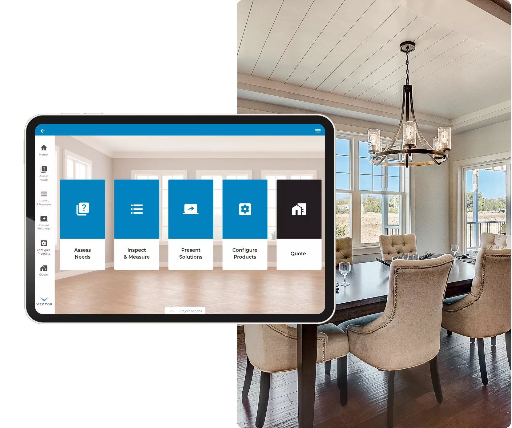Paradigm Vendo UI for Vector Windows & Doors on a iPad Overlayed on a Dining Room Lifestyle Image