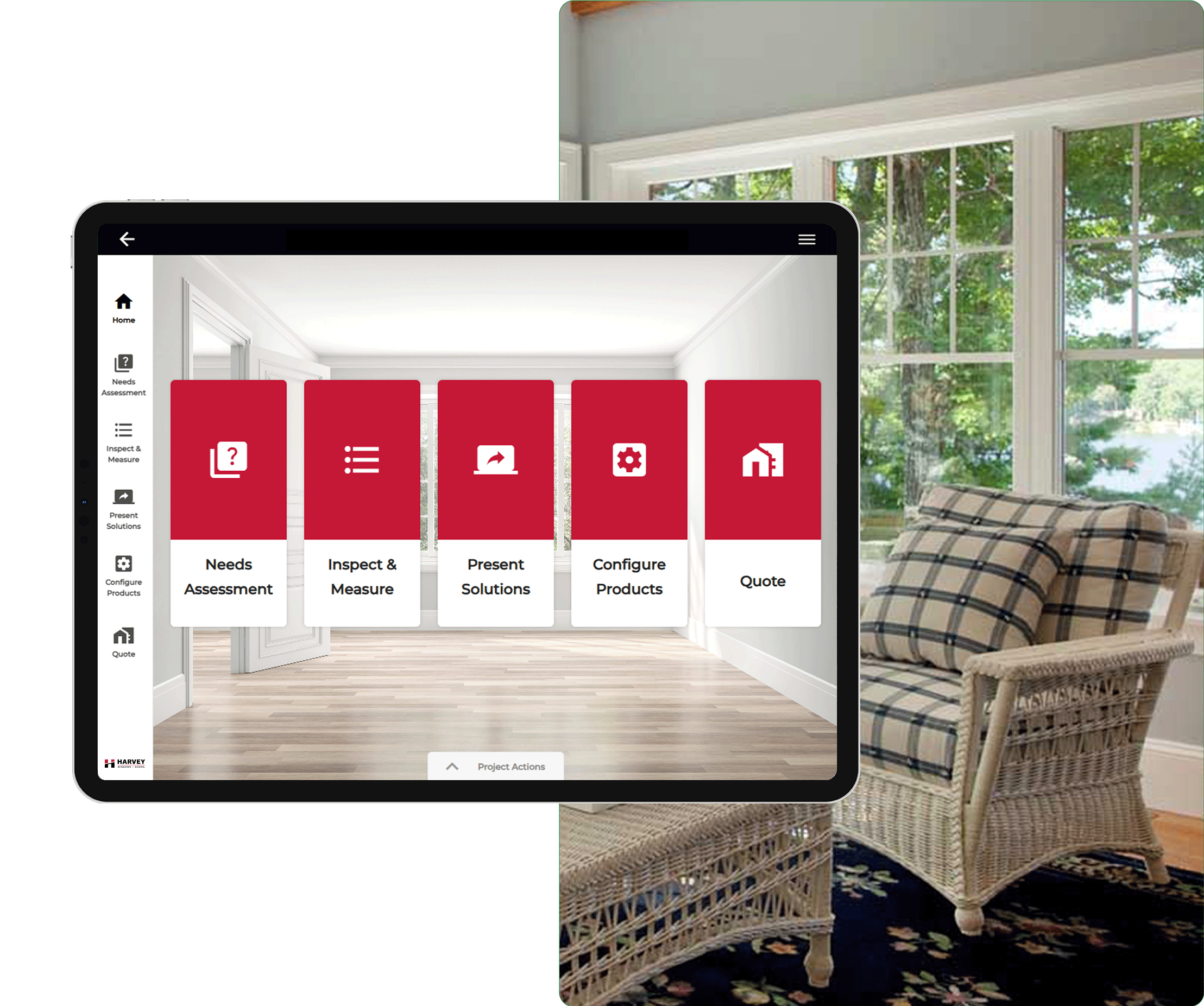 iPad Overlayed on a Harvey Lifestyle Image with Paradigm Vendo Screenshot for Harvey Catalog