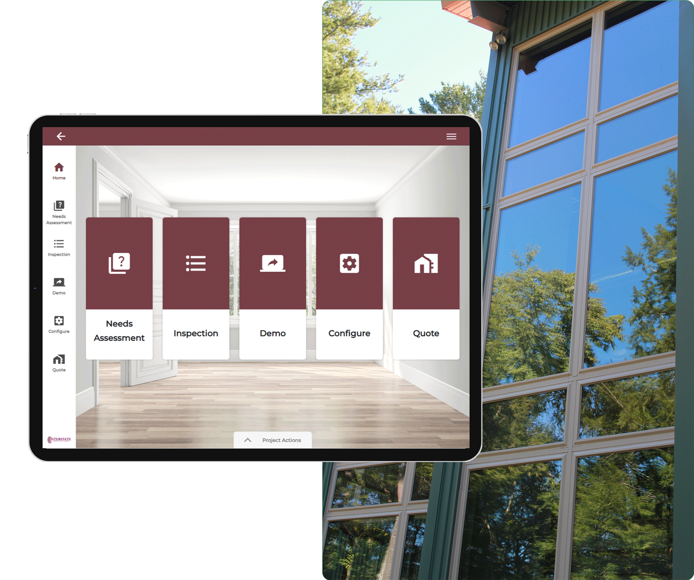 iPad Overlayed on a Interstate Windows and Doors Lifestyle Image with Paradigm Vendo Screenshot for Interstate Catalog
