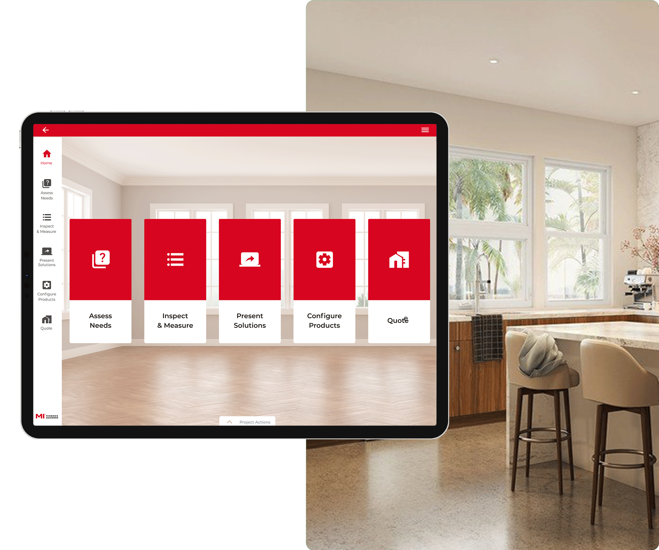 iPad Overlayed on a MI Windows and Doors Lifestyle Image with Paradigm Vendo Screenshot for MI Catalog