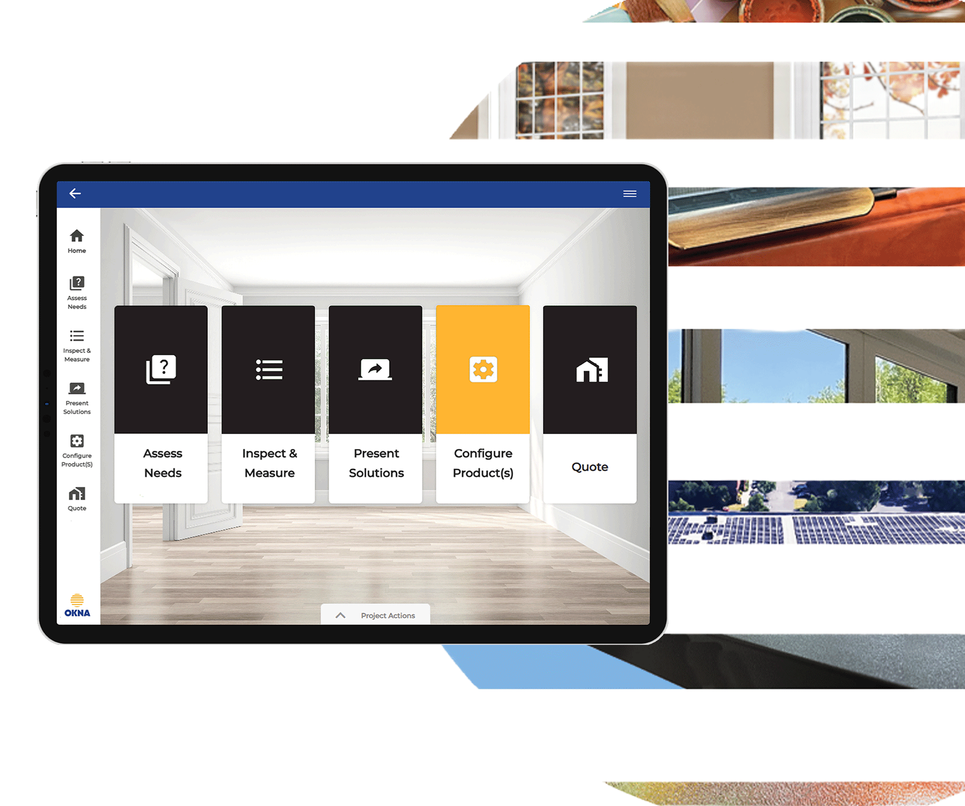 iPad Overlayed on a OKNA Windows Lifestyle Image with Paradigm Vendo Screenshot for OKNA Catalog