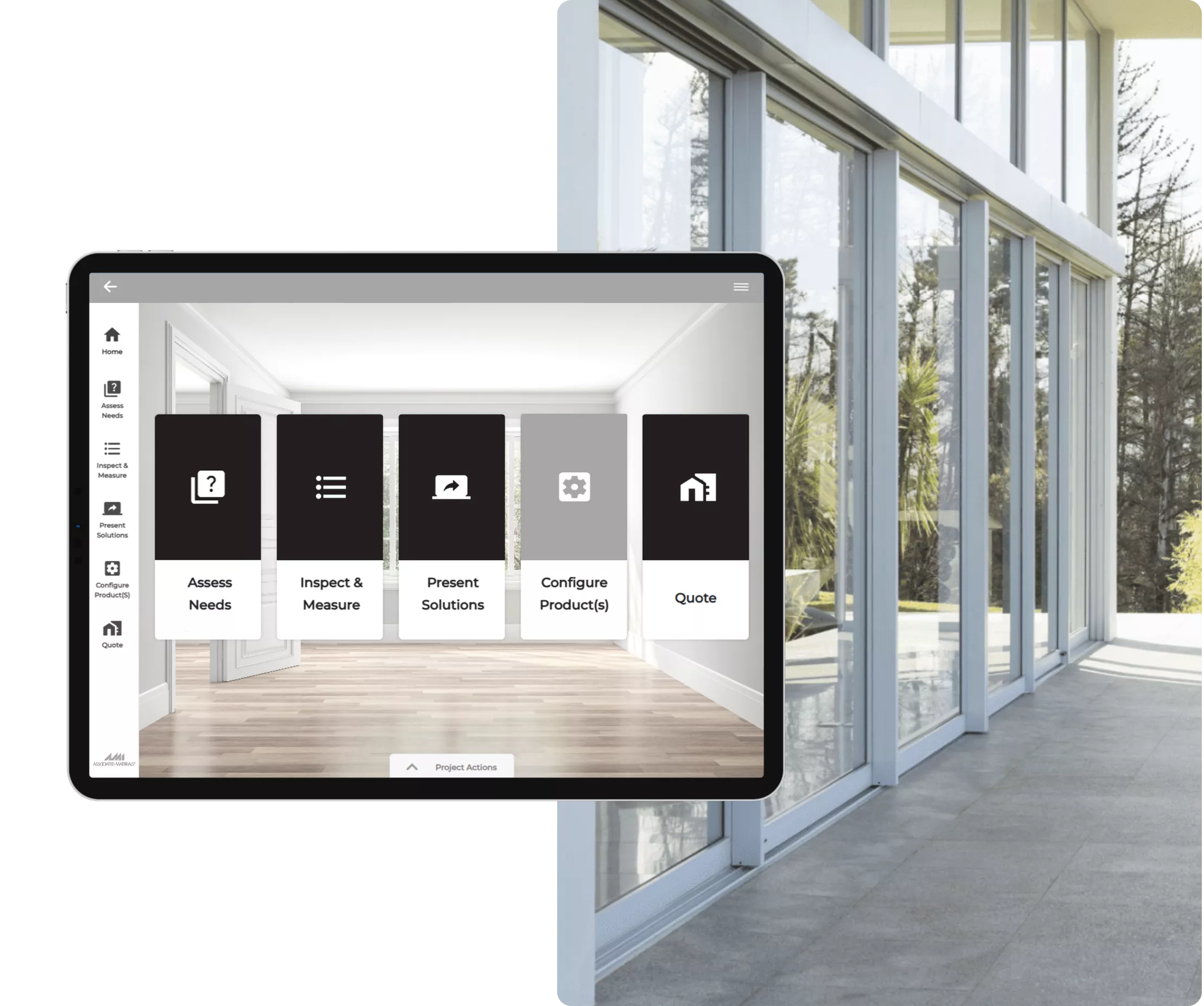 iPad Overlayed on a Associated Materials Lifestyle Image with Paradigm Vendo Screenshot for Associated Materials Catalog