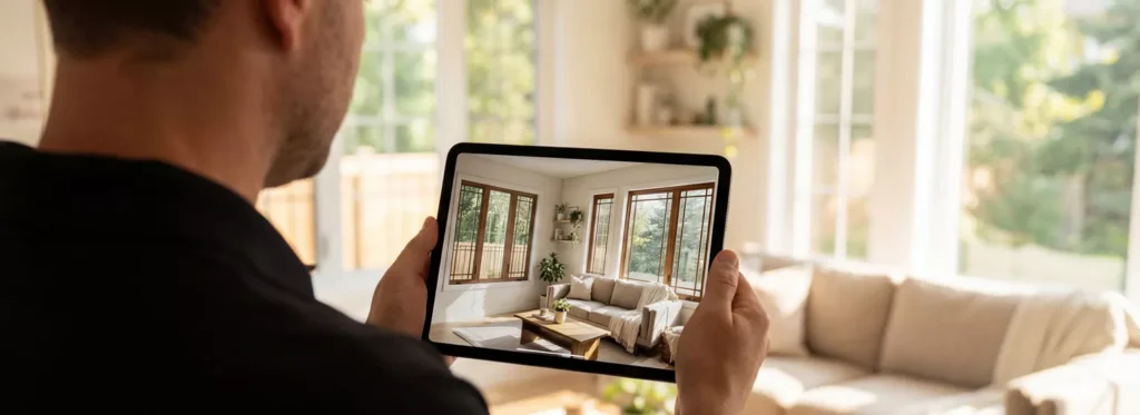 Salesman Holding Up an iPad Showing Upgraded Window Renderings