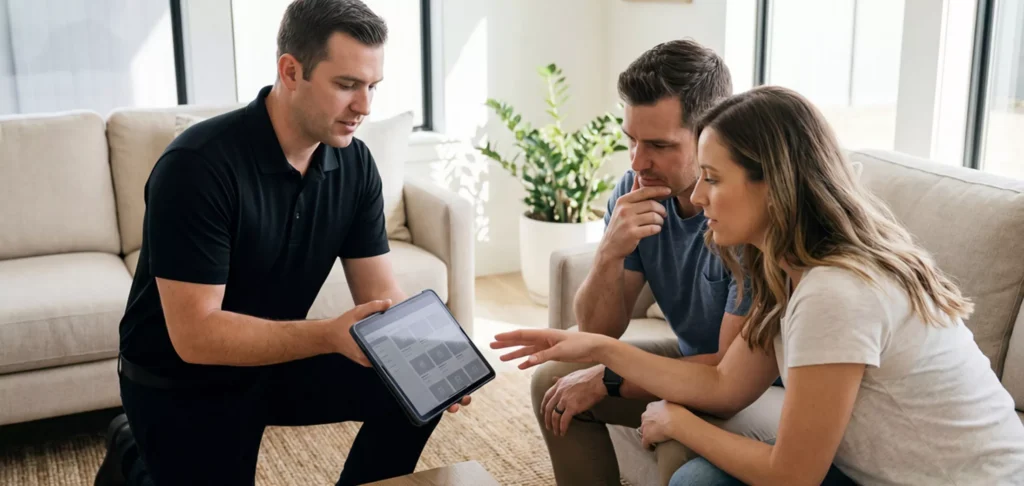Feature Image - Salesman Showing Homeowners their Options on an iPad with Paradigm Vendo - 2200x1045