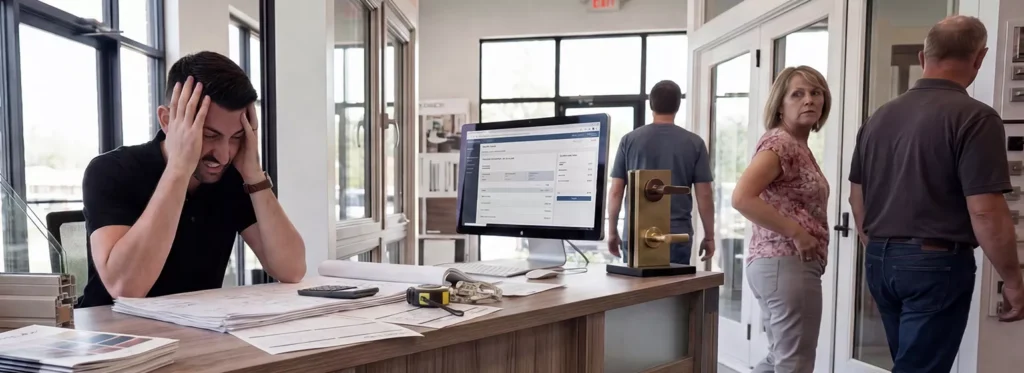 Salesman Thinking in a Window and Door Showroom Frustrated with Manual Process - 1538x560