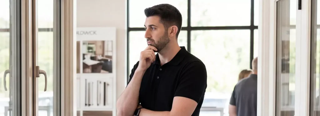 Salesman Thinking in a Window and Door Showroom - 1538x560