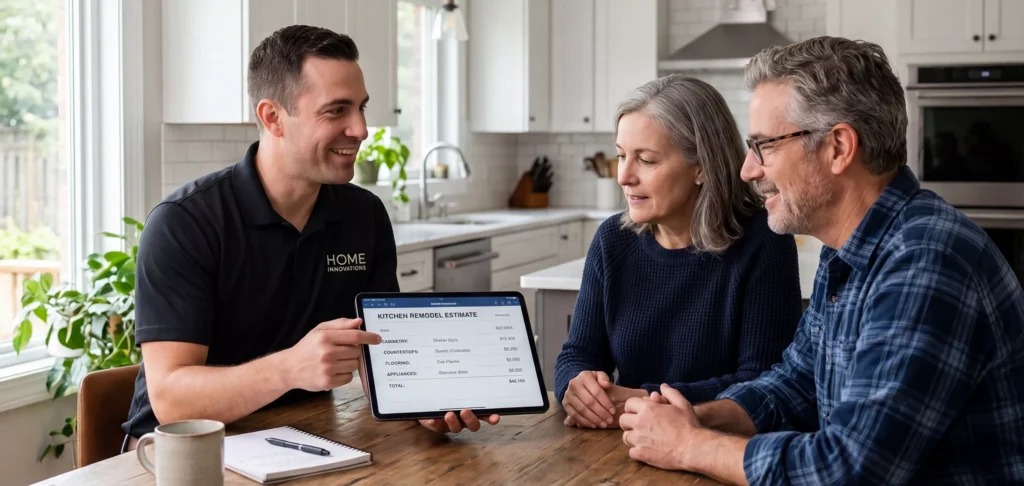 Paradigm Vendo - Remodeling Estimating Software with Sales Guy Showing Homeowners Estimate on iPad - 2200x1045