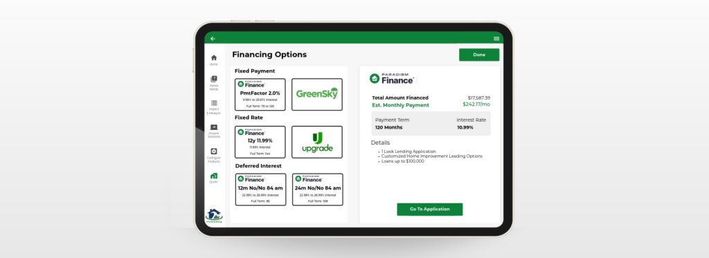 Paradigm Vendo - Financing Options UI Screen on iPad