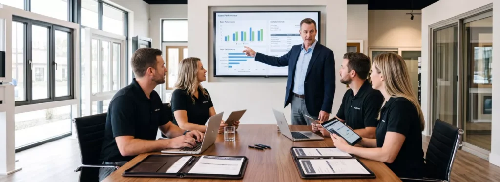 Paradigm Vendo - Window Sales Team in Conference Room Reviewing Metrics