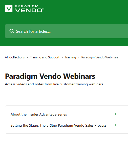 Paradigm Vendo Help Center - Webinars