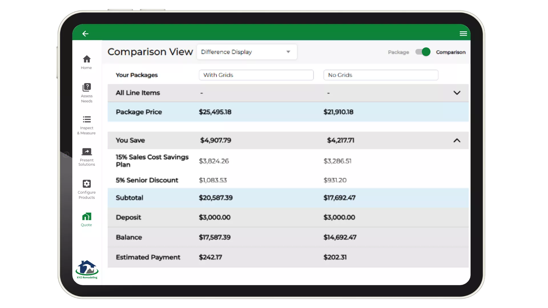 Paradigm Vendo quote with pricing, financing, and e-signature on an iPad